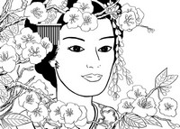 Coloriage anti-stress Japon: Geisha au jardin