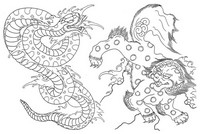 Coloriage anti-stress Japon: Lion et serpent